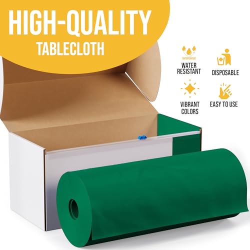 Image of Exquisite Party Solids 54 Inch X 100 Feet Emerald Green Plastic Table Cover Roll in A Cut - to - Size Box with Convenient Slide Cutter. Cuts Up to 12 Rectangle 8 Feet Plastic Disposable Tablecloths