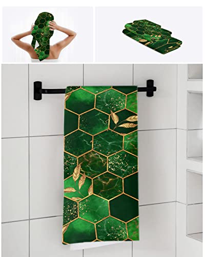 Geometry Marble Bath Towels Set 3 Pack, Hexagon Cubes Green Gloden Leaves Abstract Soft Plush Microfiber Large Bathroom Towel Hand Towel Washcloths Modern Marbe Crack Shower Towel For Home Gym Travel #TOP6