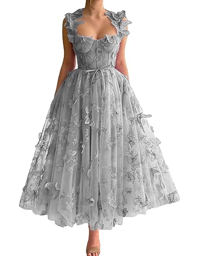 Robe tulle papillon 3D broderie dentelle spaghetti robe de soirée longue fente