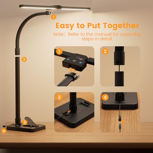 Image of LED Desk Lamp with Base - Bright Dimmable Computer Lamp with Phone Holder, 24W Bendable Desk Light for Monitor Screen, Eye-Caring Tall Desktop Light for Task Home Office Work, Black, Dual Head
