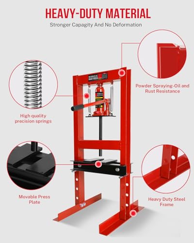 Image of Hydraulic Press,6 Ton H-Frame Garage Floor Adjustable Shop Press with Stamping Plates to Bend, Straighten, Or Press Parts, Install Bearings & U-Joints