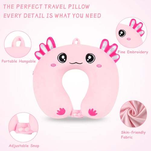 Image of Travel Pillow, Kids Travel Pillow with Sleep Eye Mask Soft Memory Foam Kids Neck Pillow for Boys & Girls, Travel Accessories for Car Airplane Traveling - Axolotl