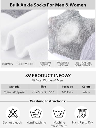 Image of Tarpop 100 Pairs Bulk Mens Socks Moisture Wicking Casual Sports Ankle Socks for Homeless Unisex Adult Men Women
