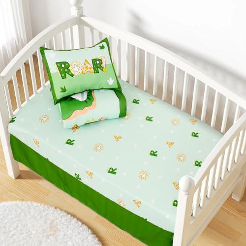 Image of Cloele Crib Bedding Set for Boys,4 Piece Dinosaur Baby Bedding Set,Standard Size Toddler Nursery Bedding Includes Comforter,Crib Skirt,Fitted Sheet&Pillowcase,Soft Dinosaur Blanket-Green