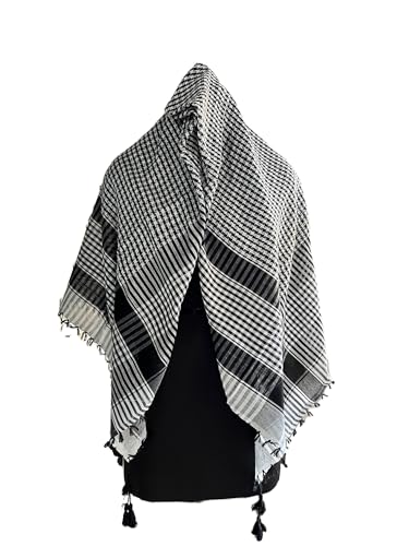 Image of Traditional Keffiyeh Arafat arabic Scarf, Black and White Checkered Pattern, Shemagh with Tassels