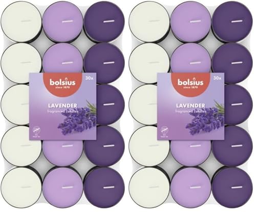 Bolsius - 30 Duft theelichter - Lavendel - Brenndauer von 3,5 Stunden - Durchmesser 38 mm – Natürliche Extrakte – Enthält Veganes Wachs – Ohne Palmöl (Lot de 2)
