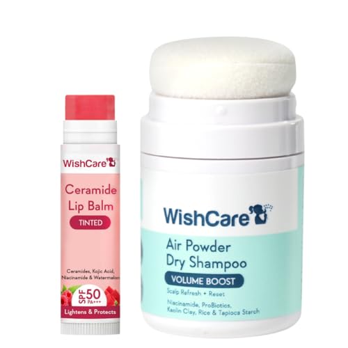 Image of WishCare Lip & Hair Refresh Combo | Tinted Lip Balm SPF 50 PA+++ with Kojic Acid & Niacinamide & Air Powder Dry Shampoo for Oily Scalp | No White Cast, Oil Control, Volume Boost & Instant Freshness