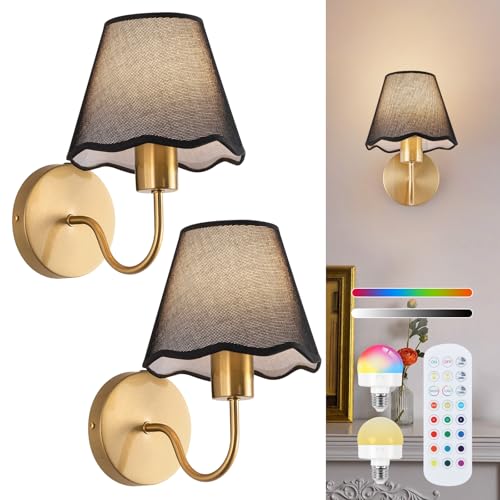 Image of ADISUN Battery Operated Wall Sconce Set of 2, Gold Wall Lamps Rechargeable Bulbs for Living Room, Black Rattan Shade, Wireless Wall Lights for Bedroom Living Room Hallway Kitchen(2 Bulbs Included)