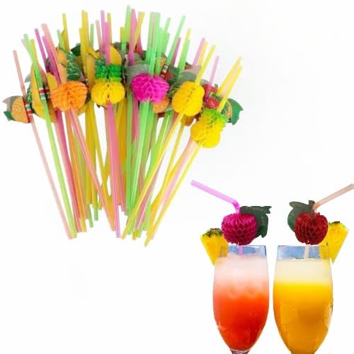 Image of Decorative Drinking Straws with Tropical Fruit and Umbrella Picks, Bendable Cocktail Straws for Party (Multicolor Fruit Theme Straw, Pack of 50pcs)