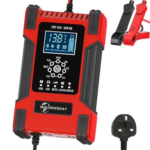 MOUDENSKAY 12A Car Battery Charger 12V 24V Automatic Trickle Battery Charger for LiFePO4,Lead-Acid, AGM,Gel Battery,Car,Motorcycle(12V/12A 24V/6A)