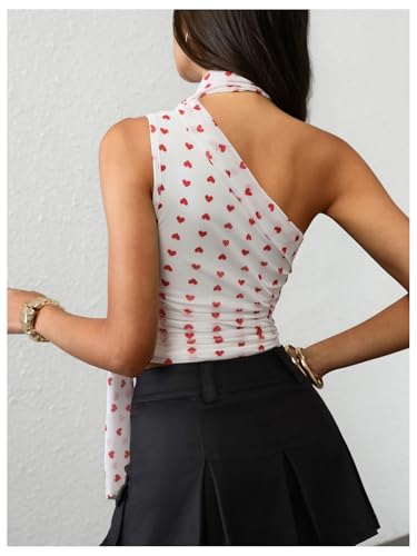 Image of RoseSeek Women's Y2K Leopard Polka Dots Halter Asymmetrical Neck Crop Tops | One Shoulder, Slim Fit, Sleeveless, Cheetah Print, Summer Tops, Scarf Tops, Party, Going Out Tops