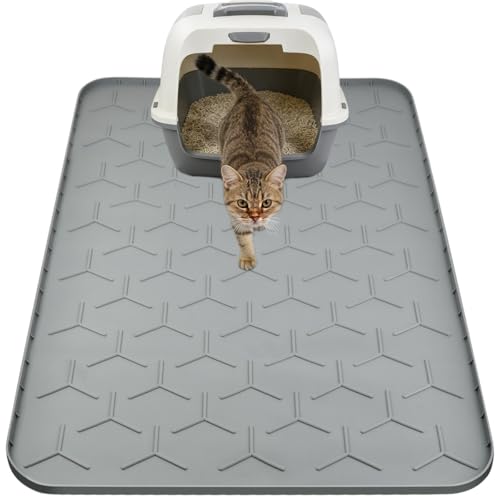 BOPEUY Tapis Litiere Chat, 86 x 56 cm Silicone Tapis de Litière pour Chat, Tapis pour Litiere Chat Imperméable Antidérapant et Facile à Nettoyer, Doux pour les Pattes de Chats - Gris