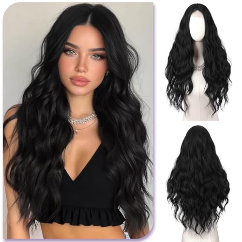 Sofeiyan Long Wavy Wig 28 Inches Natural Black Centre-Parted Wig with Lace Front Heat Resistant Synthetic Wigs for Women Everyday Wear Parties Cosplay Carnival Celebrations
