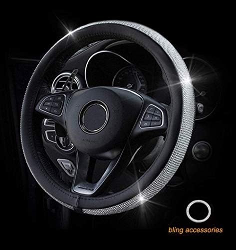 Crystal Steering Wheel Cover, Leather Surface Bling Bling Rhinestone, Black Universal 15-inch Protector for Female Girls. (Crystal Steering Wheel Cover)