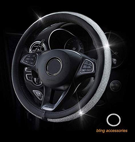 Crystal Steering Wheel Cover, Leather Surface Bling Bling Rhinestone, Black Universal 15-inch Protector for Female Girls. (Crystal Steering Wheel Cover)