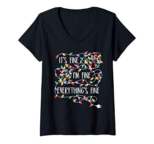 Womens It s Fine I m Fine Everything Is Fine Christmas Lights V-Neck T-Shirt