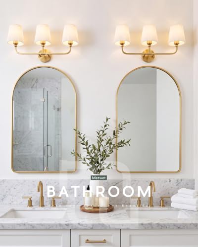 Image of 3-Light Gold Bathroom Vanity Light, Beige Pleated Fabric Shade