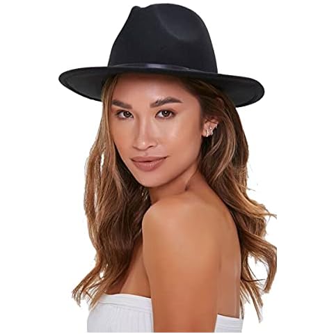 Womens Vintage Wide-Brim Fedora-Hat with Belt-Buckle Panama Hat for Women, Black 1pc, M Cover