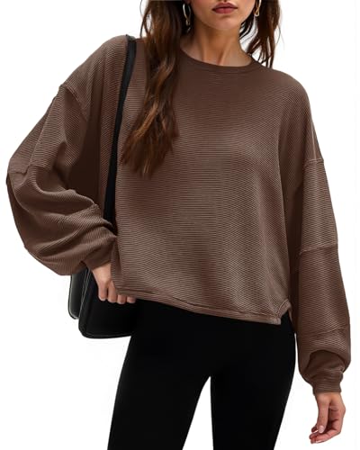 Tankaneo Womens Oversized Ribbed Sweatshirts Balloon Sleeve Crew Neck Tops Casual Loose Fit Boxy Tee Shirts