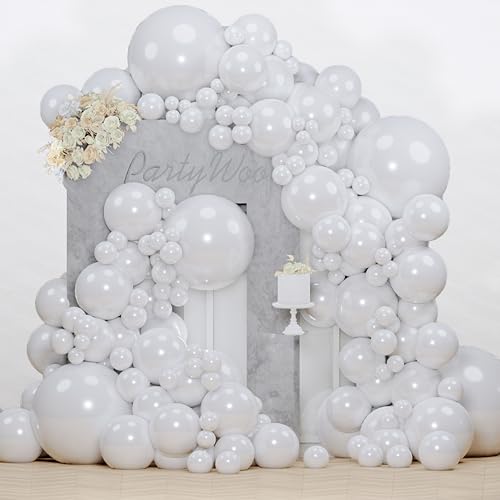 Image of PartyWoo Pearl White Balloons 130pcs Different Sizes Pack of 18 12 10 5 Inch Metallic White Latex Balloon Arch Kit Garland for Wedding Graduation Baby Shower Birthday Party Decorations White-Z30