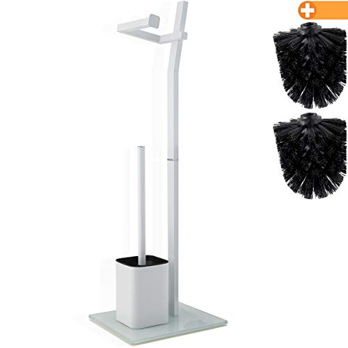 smartpeas WC-Garnitur - Weiß  22x18x70cm  Inkl. Klopapierhalter und Toilettenbürste  rostfreier Edelstahl  Standfuß aus Glas mit Klobürste  Plus: 1+2 Klobürstenköpfe zum Austauschen!