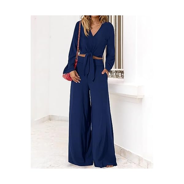PRETTYGARDEN Woman Elegant Fall Clothes Dressy Crop Top Palazzo Pant With Pocket Spring Solid Color 2 Piece Outfits 2023(Solid Dark Blue,Medium)