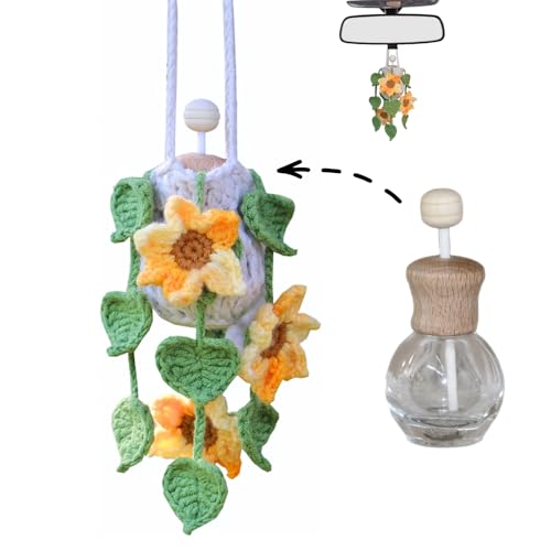 Image of ROFIGL Handmade Crochet Hanging Car Air Freshener - Sunny Sunflower Design, 12ml Refillable Thick Glass Bottle, Car Diffuser for Rearview Mirror, Home & Office Cheerful Decor