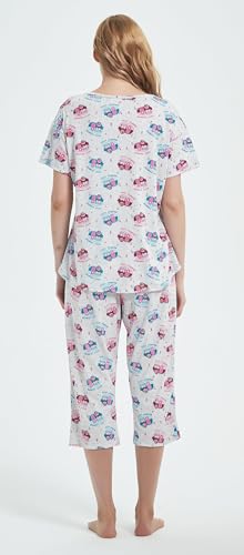 Image of CHUNG Women Cotton Pajama Sets Sleepwear pjs Short Sleeve Shirt Capri Length Crop Pants Cute Vivid Print