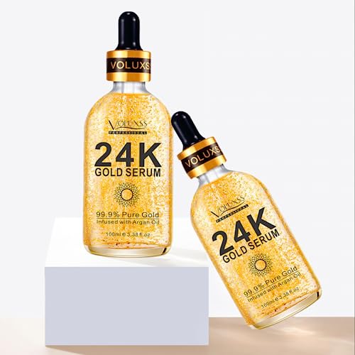 Voluxss 24K Gold Serum for Face,Skin Brightening Anti Aging Face Serum Moisturizer with Vitamin C,Hyaluronic Acid & Argan Oil for Dark Spots & Fine Lines,Korean Skin Care Glow Collagen Booster