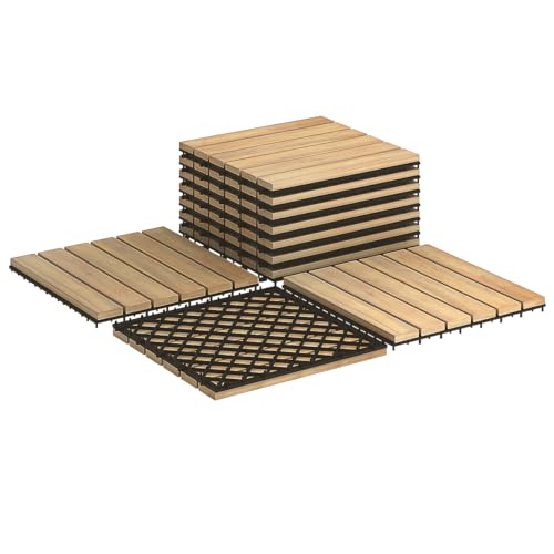HOMFME 10 PCS Acacia Wood Deck Tiles, 30 x 30 cm Interlocking Hardwood Square Floor Tiles with Click System, Drainage Function, Outdoor Indoor Decking Boards for Patio Garden Balcony Pavement