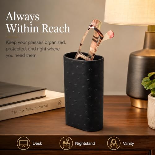 Image of Calabria Desktop Eye Glasses Holder Soft Lining Weighted Base Eyeglasses Stand Case Desks Nightstands PU Leather Mens Womens