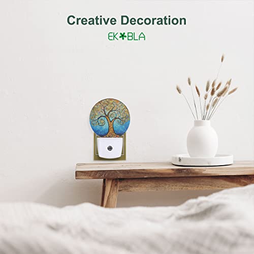 Image of EKOBLA Abstract Tree with Gold Leaves Night Light, Tree Oil Painting Night Lights Plug Into Wall with Dusk to Dawn Sensor for Bedroom, Bathroom, Living Room
