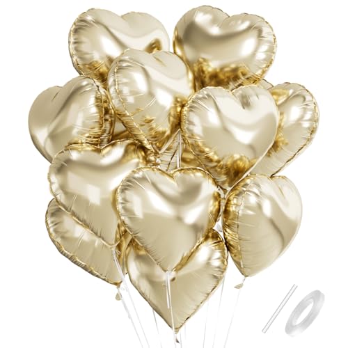 Herz Folienballon Gold, Herzluftballons Hochzeit Gold, 18 Zoll Hell Gold Herz Helium Luftballons, Herzen Folien Ballons Party Dekoration für Geburtstag Hochzeitsfeier Anniversary Valentinstag