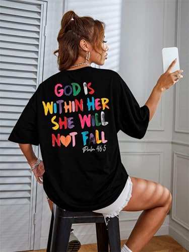 Oversized Christian Shirts for Women God is Within Her T Shirt Casual Christians Inspirational Tee Tops4