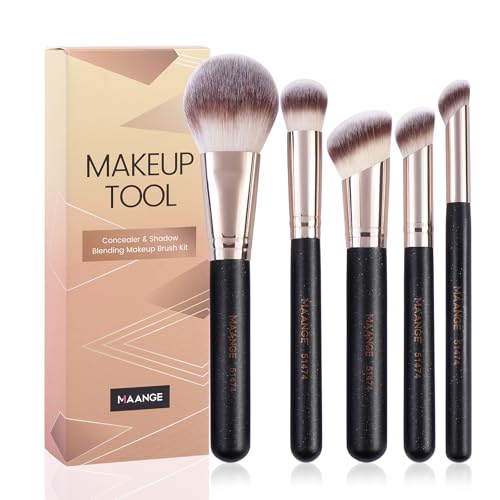 MAANGE Makeup Brush Set 5-Piece Professional Synthetic Makeup Brushes for Foundation, Blush, Power Concealer & Contour Application Travel Make Up Brush with Box (Black)