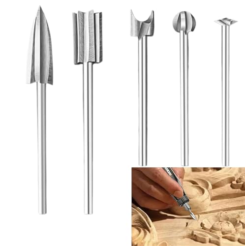 KOOLEVER Juego de 5 brocas para tallar madera, 5 brocas diferentes para carpintería, herramientas de tallado de madera con vástago de 1/8 pulgadas compatibles con herramienta giratoria Dremel para