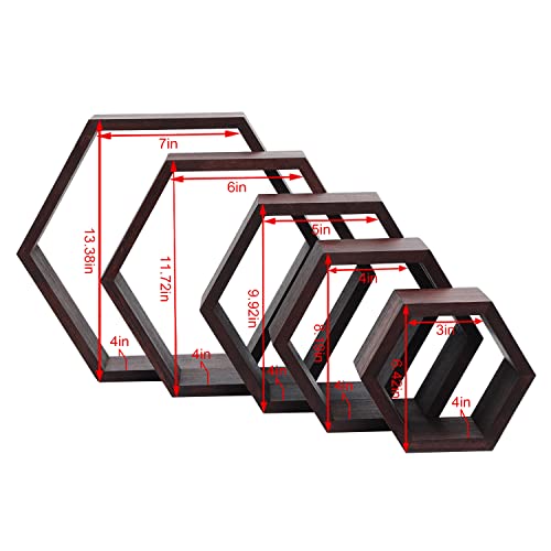 Phoenancee Hexagon Floating Shelves,Wall Mounted Wood Farmhouse Storage Honeycomb Wall Shelf Set Of 5,For Bathroom, Kitchen, Bedroom, Living Room,Office,Driftwood Finish (Dark Walnut) #TOP7