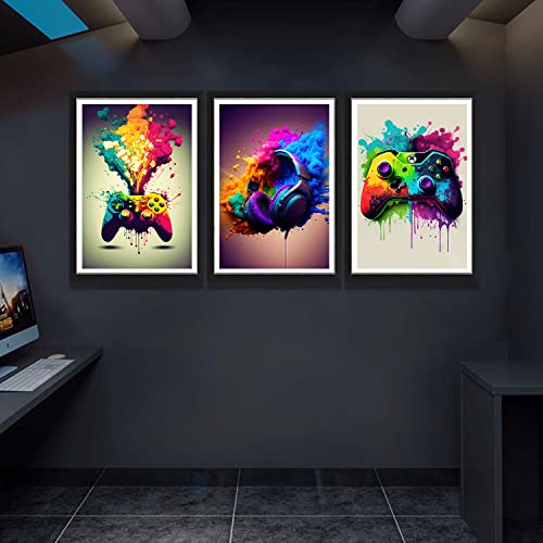 Ncyel Game Room Decorative Wall Art Color Video Game Handle Earphone Graffiti Theme Poster Neon Light Poster Print Picture Children Youth Art Game Machine Boys Bedroom Home 12 X16 Inchx 3 Piece Set Unframed thumb #5