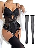 Lilosy Sexy Stocking Lace Mesh Bodysuit Top Underwire Garter Lingerie Set One 3 Piece Bows Push Up Floral Sheer Babydoll Women Teddy See Through Black Large