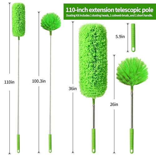 Cobweb Duster with Extension Pole,Washable Cleaning Duster Set with 2 Duster Heads,Corner Brush,15-110-Inch Telescoping Pole for high Ceiling Fans, Long Duster for High Ceilings,Spider Web Brush - Image 2