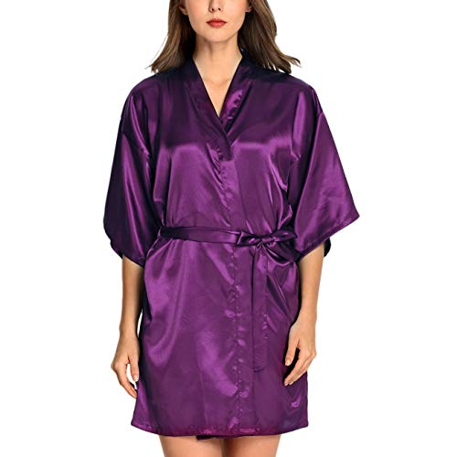 Anzermix Damen-Kimono, extra weich, für Brautjungfern, Hochzeit, Party, Satin, kurz - Violett - Large