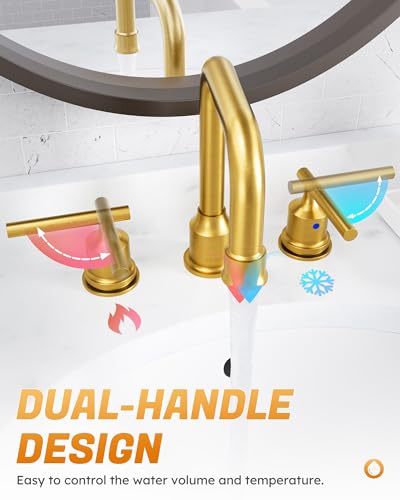 WOWOW Brushed Gold Bathroom Faucet Widespread Bathroom Sink Faucet 2 Handle Lavatory Tap 3 Holes with Drain and Supply Hoses Mordern Basin Taps - Thumbnail 5