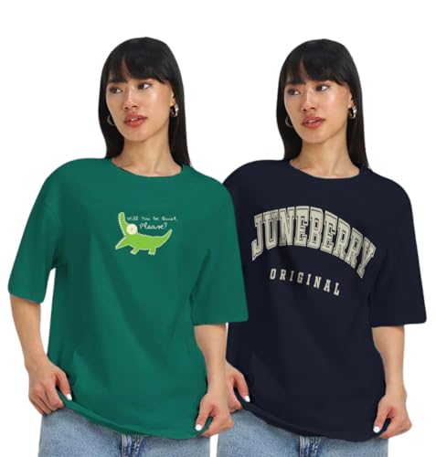 Image of JUNEBERRY 100% Pure Cotton, Pack of 2,Round Neck, Oversized Loose,Drop Shoulder,Graphic Printed, Half Sleeve T-Shirts for Women & Girls, in Different Colors, with Sizes Range from S to 2XL.