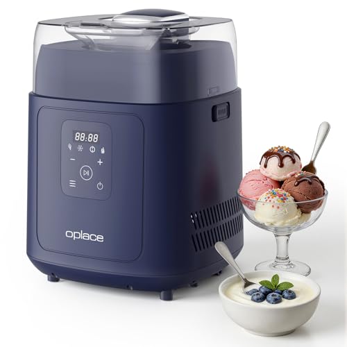 Oplace 4-in-1 Compressor Ice Cream Maker (1.0Qt), No Pre-Freezing, Automatic Yogurt Maker, Gelato Sorbet Frozen Yogurt Soft Serve Machine, Compact Vertical Design for Home Kitchen(Blue)