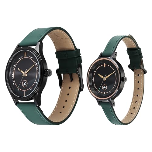 Image of Fastrack Mixmatched Quartz Analog Black Dial Green Leather Strap Watch for Couple