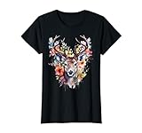 Süßes Hirsch T-Shirt Damen mit bunten Blumen. Kinder Trachtenshirt Damen. Für Volksfest in Bayern und Tirol. Trachten Outfit passend für Wiesn und Oktoberfest, T-Shirt Damen lustig. Ersatz Dirndl T-Shirt. Hirschkopf Motiv mit Geweih. Trachten T-Shirt Damen