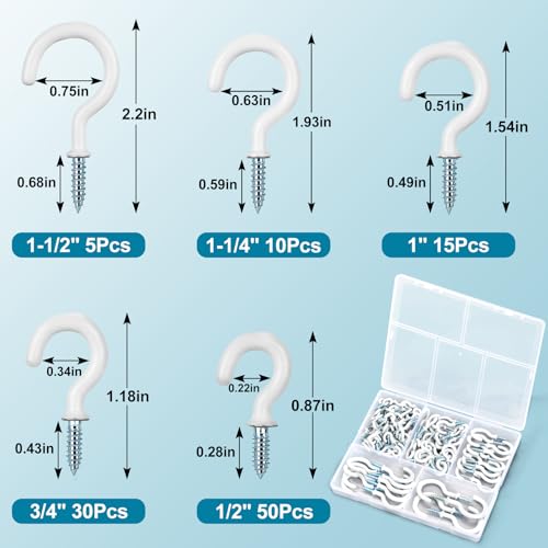 110pcs premium screw hooks 5 sizes white vinyl coated cup hook from12 in small hooks to 1-12 in ceiling hooks heavy duty screw in hooks for hanging plants string lights