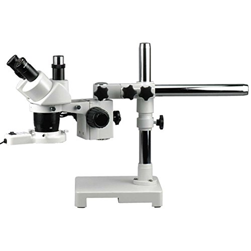 AmScope SW-3T24Z-FRL Trinocular Stereo Microscope, WH10x Eyepieces, 20X/40X/80X Magnification, 2X/4X Objective, Single-Arm Boom Stand, 8W Fluorescent Ring Light, 110V-120V, Includes 2.0x Barlow Lens