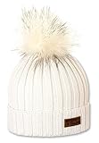 Girls' Headwear in soft merino wool, incl. Envelope, fur pompon and leather patch