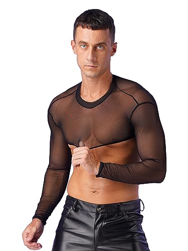 Men's See-Through Long Sleeve Crop Top Shrug Bolero Motorcycle Slim Mesh Tops T Shirt4